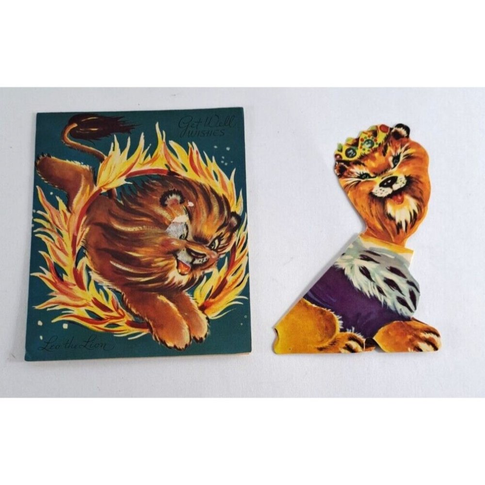 Vintage Get Well Card W Lion Cut Out Doehla Fine Arts Made In USA Retro